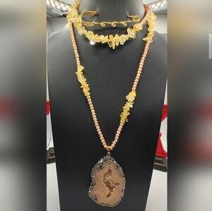 JK Designs Yellow and Beige Stone Necklace Set
